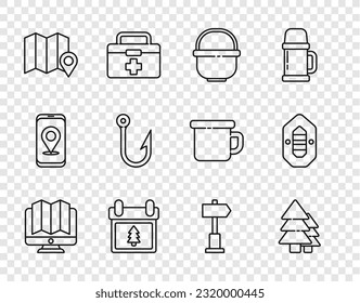 Set line Location of the forest in monitor, Tree, Camping pot, Calendar with tree, map, Fishing hook, Road traffic signpost and Rafting boat icon. Vector