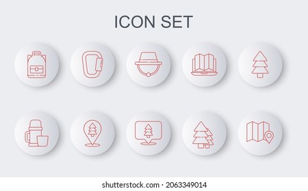 Set line Location of the forest on map, Thermos container and cup, Camping hat, Tree, Hiking backpack, Carabiner,  and  icon. Vector