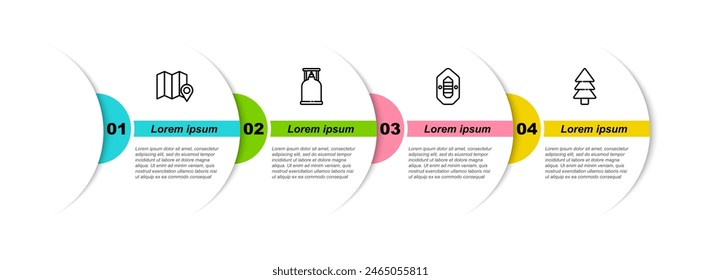 Set line Location of the forest on map, Camping gas stove, Rafting boat and Tree. Business infographic template. Vector