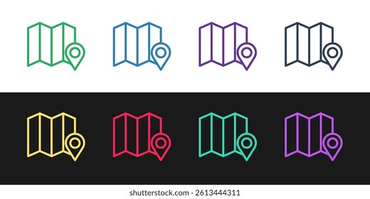 Set line Location of the forest on a map icon isolated on black and white background.  Vector Illustration