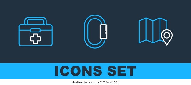 Set line Location of the forest on map, First aid kit and Carabiner icon. Vector