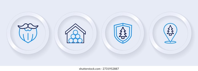 Locación de la línea del bosque, escudo con árbol, troncos de madera y bigote y barba icono. Vector