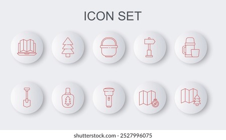 Set line Location of the forest, Shovel, Camping pot, map, laptop, Tree, Canteen water bottle and Flashlight icon. Vector