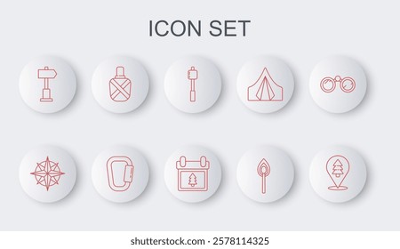 Set line Location of the forest, Wind rose, Marshmallow stick, Burning match with fire, Road traffic signpost, Canteen water bottle, Carabiner and Calendar tree icon. Vector