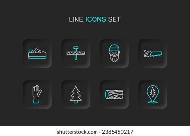 Set line Location of the forest, Wooden log, Tree, Protective gloves, Hand saw, Lumberjack, Metallic nail and plane tool icon. Vector