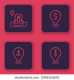 Set line Location with fountain, anchor, Cash location and information. Blue square button. Vector