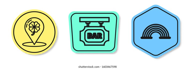 Set line Location and four leaf clover, Street signboard with inscription Bar and Rainbow. Colored shapes. Vector