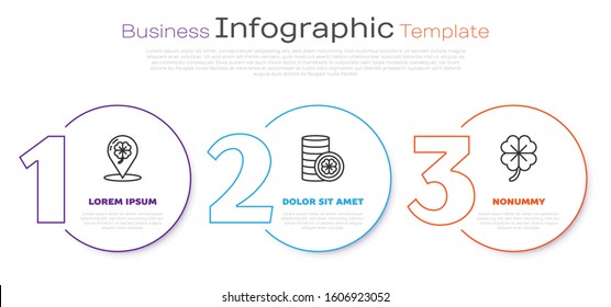 Set line Location and four leaf clover, Gold coin with four leaf clover and Four leaf clover. Business infographic template. Vector