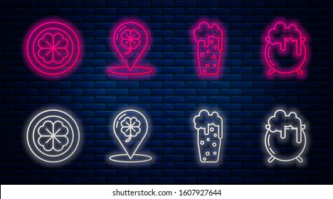 Set line Location and four leaf clover, Glass of beer, Gold coin with four leaf clover and Witch cauldron. Glowing neon icon on brick wall. Vector