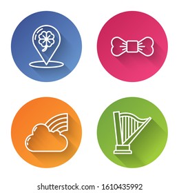 Set line Location and four leaf clover, Bow tie, Rainbow with cloud and Harp. Color circle button. Vector