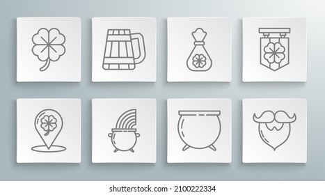 Set line Location and four leaf clover, Wooden beer mug, Witch cauldron rainbow, Mustache beard, Money bag with, Street signboard and Four icon. Vector