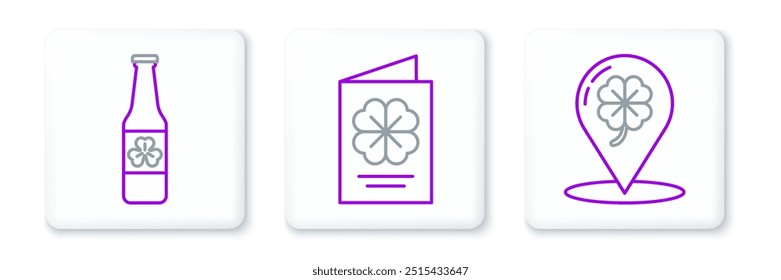 Set line Location and four leaf clover, Beer bottle with and Saint Patricks Day flyer, brochure, postcard icon. Vector