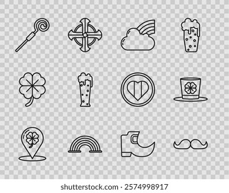 Set line Location and four leaf clover, Mustache, Rainbow with cloud, Walking stick, Glass of beer, Tradition leprechaun boots and Leprechaun hat icon. Vector