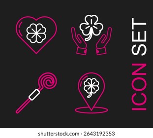 Set line Location and four leaf clover, Walking stick, Human hands holding and Heart with icon. Vector