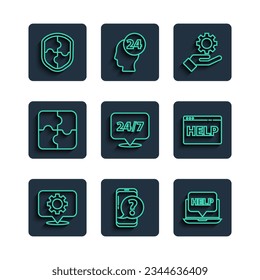 Set line Location with gear, Mobile phone question, Laptop and help, Settings in the hand, Clock 24 hours, Piece of puzzle, Shield and Browser icon. Vector