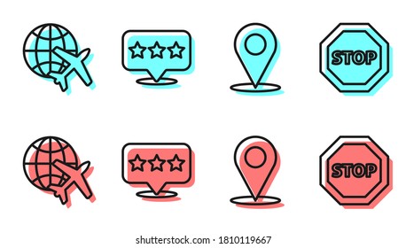 Establecer ubicación de línea, globo con plano volante, puntero de mapa con estrella e icono de signo de parada. Vector