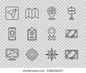 Establecer ubicación de línea, dispositivo Gps con mapa, deporte de destino, infografía de la navegación de la ciudad, marcador de ubicación doblado, rosa de viento e icono de ciudad. Vector