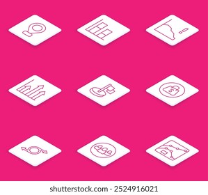 Set line Location, Graph, chart, diagram, Financial growth decrease, Pie infographic, Flag, Shopping bag with Sale, Arrow and Project team base icon. Vector