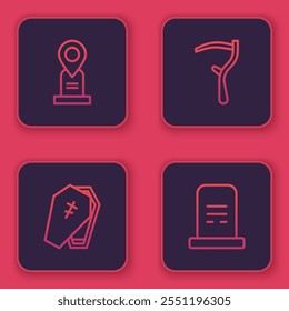 Set line Location grave, Coffin with cross, Scythe and Grave tombstone. Blue square button. Vector