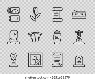 Set line Localização sepultura, Grave com lápide, Decreto, pergaminho, pergaminho, Moldura de foto de luto, Crematório, Unhas metálicas, Certificado de morte e ícone de cruz. Vetor