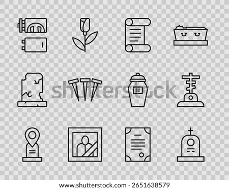 Set line Location grave, Grave with tombstone, Decree, parchment, scroll, Mourning photo frame, Crematorium, Metallic nails, Death certificate and cross icon. Vector