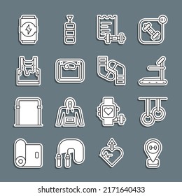 Set line Location gym, Gymnastic rings, Treadmill machine, Sport training program, Bathroom scales, Sweaty sleeveless t-shirt, Energy drink and Socks icon. Vector