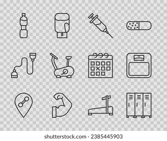 Línea Ubicación gimnasio, taquilla o vestuario, jeringa de dopaje, músculo de la culturista, Botella de agua, Bicicleta Estacionaria, Máquina Treadmill e icono de báscula de baño. Vector