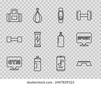 Gimnasio de Locación de línea, plataforma de pasos, reloj inteligente, agitador de fitness, bolso deportivo, nutrición deportiva, reproductor de música e ícono. Vector