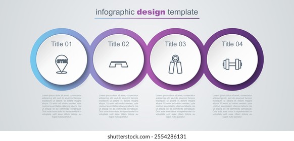 Set line Location gym, Step platform, Sport expander and Dumbbell. Business infographic template. Vector