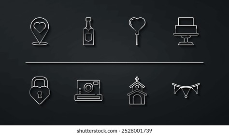 Set line Location with heart, Castle in the shape of, Wedding cake, Church building, Photo camera, Champagne bottle, Carnival garland flags and Balloons form icon. Vector