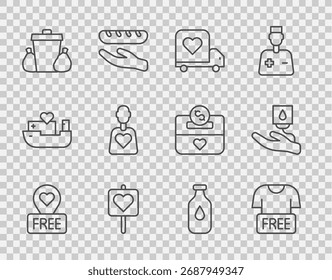 Locación de línea con corazón, donación de ropa, camión de entrega, bote de basura, voluntario, botella de agua e ícono de sangre. Vector