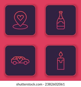 Set line Location with heart, Limousine car, Champagne bottle and Burning candle. Blue square button. Vector