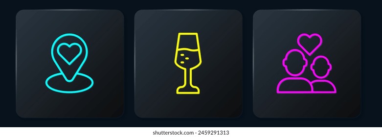 Set line Location with heart, Lover couple and Glass of champagne. Black square button. Vector
