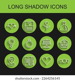 Set line Location with heart, Marriage contract, Amour and arrow, Heart, Bow tie, Diamond engagement ring, Church building and Cake plate icon. Vector