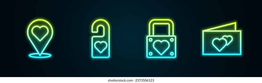 Establezca la ubicación de la línea con el corazón. Por favor, no perturbe, bloquea y saluda la tarjeta. Icono de neón brillante. Vector