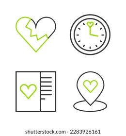 Set line Location with heart, Postcard, Clock and Broken or divorce icon. Vector