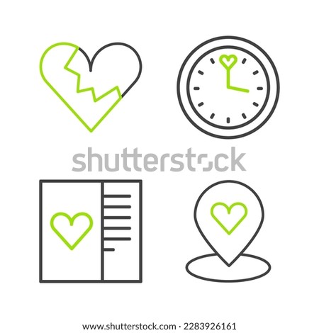 Set line Location with heart, Postcard, Clock and Broken or divorce icon. Vector