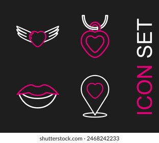 Locación de línea con corazón, labios sonrientes, forma de collar e icono de alas de corazón. Vector