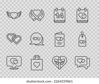 Establecer línea Ubicación con corazón, Corazón en burbuja de habla, Calendario 14 de febrero, Bolsa de compras, alas, Texto de voz que te amo, Caja con forma de Candy y Por favor no perturbe el icono. Vector