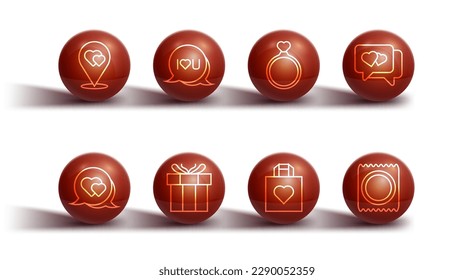 Establecer la línea Ubicación con el corazón, el corazón en burbuja de habla, la bolsa de compras, la caja de regalo, el texto de voz que te amo, el paquete de preservativos y el icono Anillos de boda. Vector