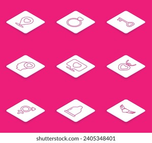Set line Location with heart, Wedding rings, Key shape, Head, Like and, Necklace shaped, Gender and Condom icon. Vector
