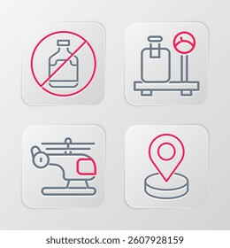 Set line Location, Helicopter, Scale with suitcase and No alcohol icon. Vector