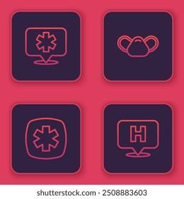 Set line Location hospital, Emergency - Star of Life, Medical protective mask and . Blue square button. Vector