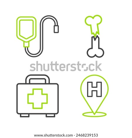 Set line Location hospital, First aid kit, Human broken bone and IV bag icon. Vector
