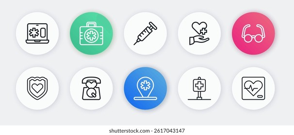 Set line Location hospital, Glasses, Immune system, Heart with cross, Syringe, rate and Emergency call 911 icon. Vector