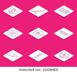 Set line Location hospital, Surgery scalpel, Monitor with cardiogram, Hospital signboard, Heart rate, Medical protective mask, Human organ liver and broken bone icon. Vector