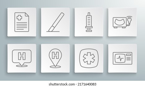 Set line Location hospital, Surgery scalpel, Emergency - Star of Life, Monitor with cardiogram, Syringe, Ultrasound and Patient record icon. Vector