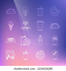 Set line Location with hotdog, burger, Taco tortilla, Glass water, Burrito, Ice cream in waffle cone,  and Coffee cup icon. Vector