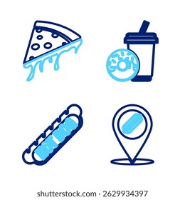 Set line Location with hotdog, Hotdog sandwich, Soda drink donut and Slice of pizza icon. Vector