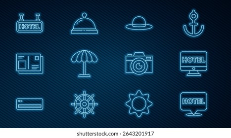 Set line Location hotel, Online booking, Elegant women hat, Sun protective umbrella for beach, Passport with visa stamp, Signboard text Hotel, Photo camera and service bell icon. Vector